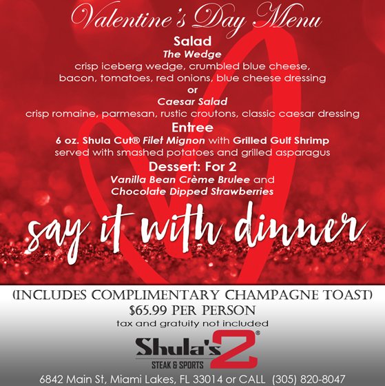 shulashotel's tweet photo. Celebrate β€οΈ at @Shulas2 for their special #ValentinesDay Dinner Menu. The dinner includes complimentary #ChampagneToast π₯. To make a reservation call 305.820.8047 #VDay #ValentinesDay #Dinner #Love #MiamiLakes #TeamShulas
#Couples #Champagne #CelebrateLove #galentinesday https://t.co/NfWC2usivK