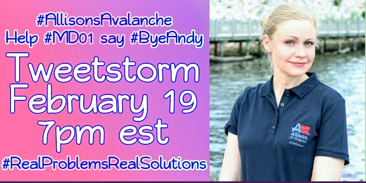 Bellatrixx2020's tweet image. Join the #AllisonAvalanche for a tweetstorm on Monday, February 19. @AllisonforMD is running for Congress in #MD01. A mother, businesswoman and former caregiver, she understands the issues normal people face.

Let’s send her to Congress!

#RealProblemsRealSolutions
#Bye