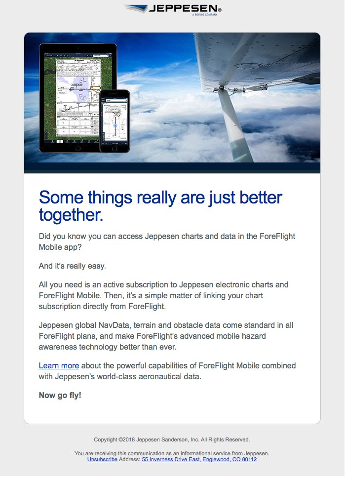 This is what a marketing email should look like - 1 thing to do or not do - simple and to the point. Nice job @ForeFlight and a nice landing page to boot!