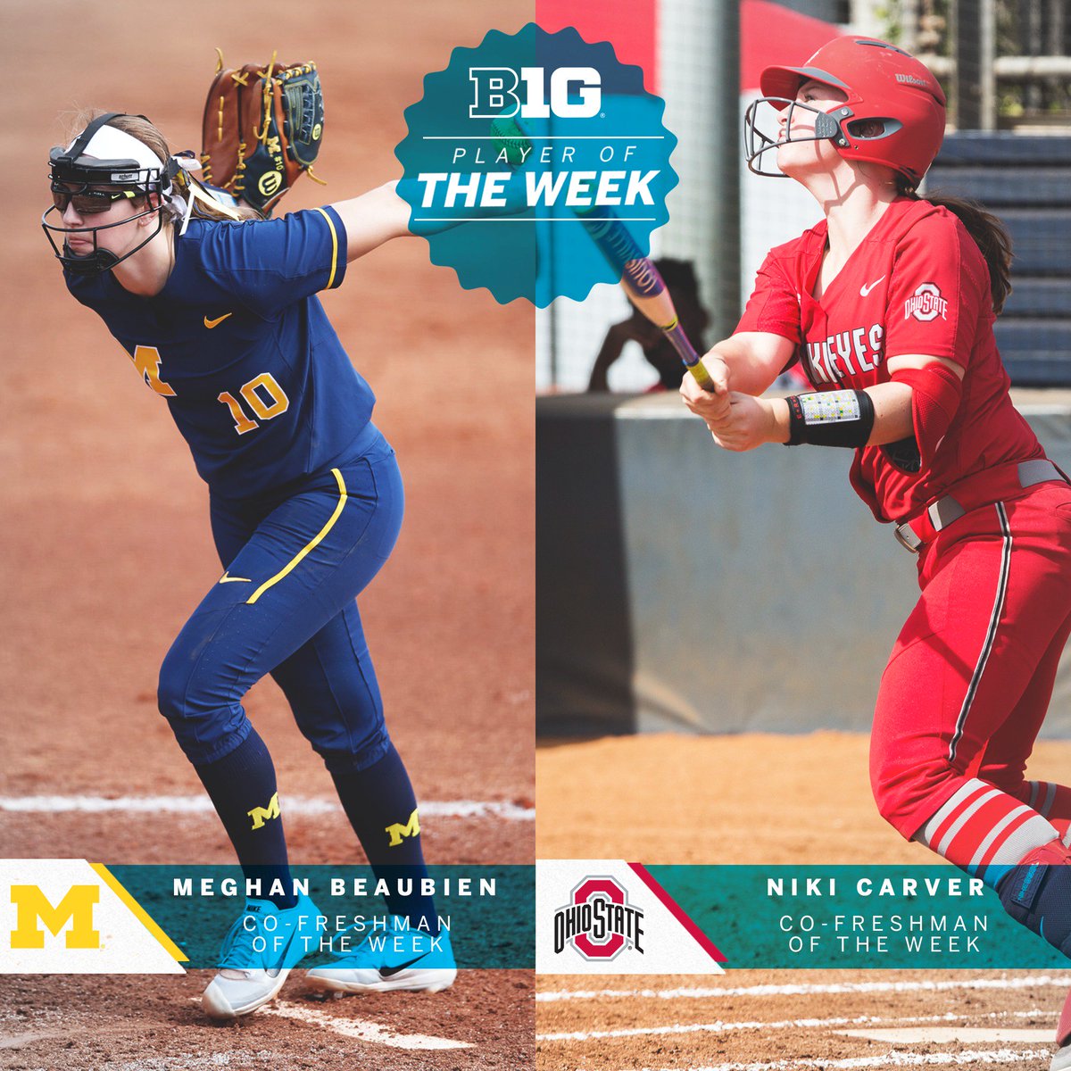 Meghan Beaubien of <a href="/umichsoftball/">Michigan Softball</a> and Niki Carver of @OhioState_SB are the #B1GSoftball Co-Freshmen of the Week