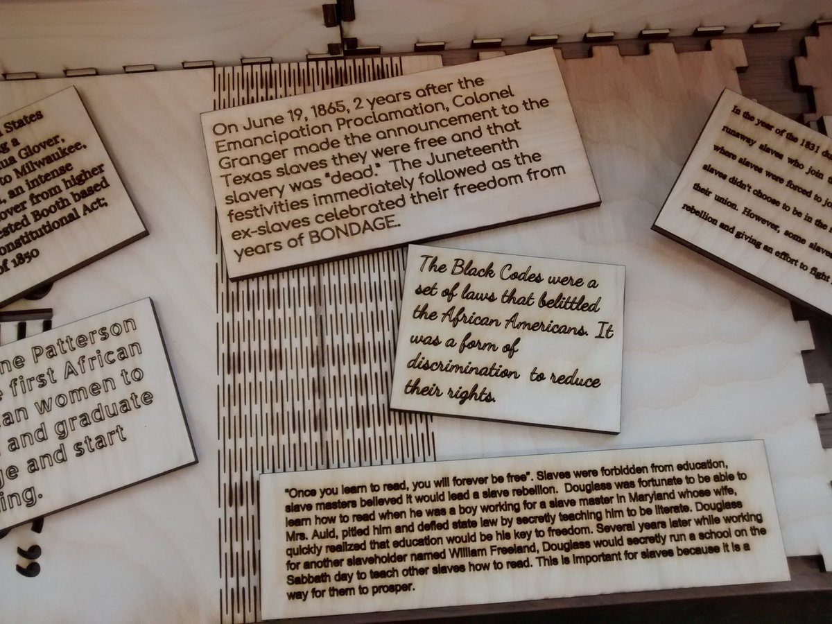 MakerZigler's tweet photo. #lasercut texts for inside "hidden truth" boxes made by African American history students in the BITlab @BullisSchool. #BlackHistoryMonth https://t.co/tgVlHLc5q2