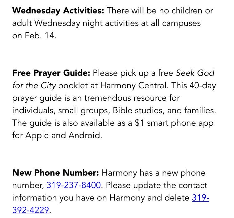 harmonybible's tweet photo. Here are the announcements from this week’s handout and app. As a reminder, the YOUTH GROUP is meeting this Wednesday in Danville, even though kids and adult groups are not. https://t.co/ZK5LcBqXYq