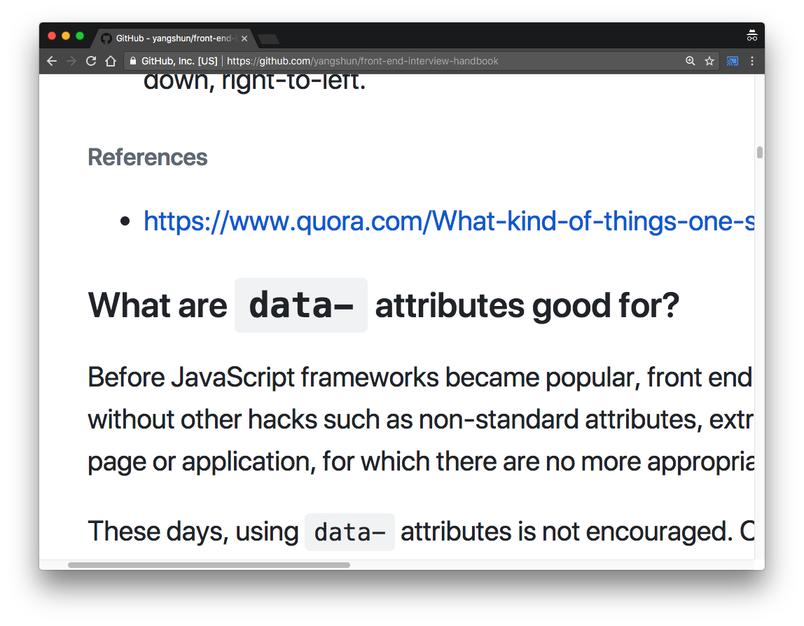 umaar's tweet image. Front End Interview Handbook (Answers) 👀 - github.com/yangshun/front… - Useful for testing yourself and learning more about quirks, best practices and standards on the web ✅
