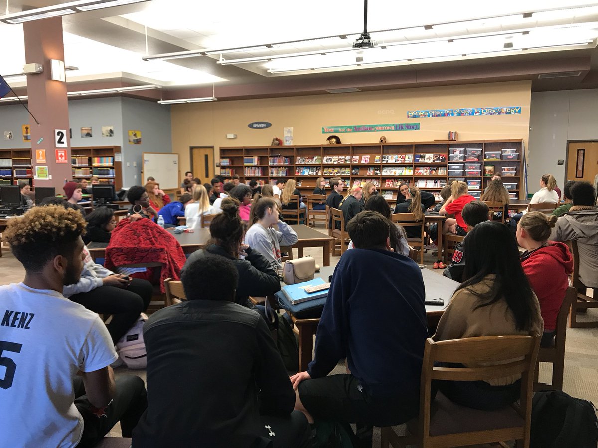LegacyHSLib's tweet photo. A full house for our faculty read aloud. This month is the Science department sharing Stiff by Mary Roach. #BroncosRead #OurOneThing #ReadersForLife https://t.co/pHacOWrYVw