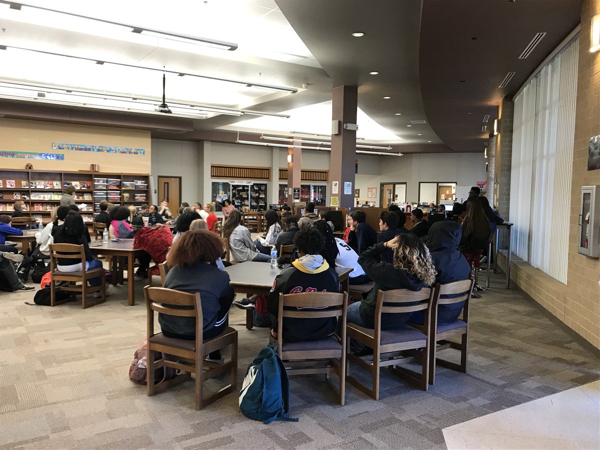 LegacyHSLib's tweet photo. A full house for our faculty read aloud. This month is the Science department sharing Stiff by Mary Roach. #BroncosRead #OurOneThing #ReadersForLife https://t.co/pHacOWrYVw