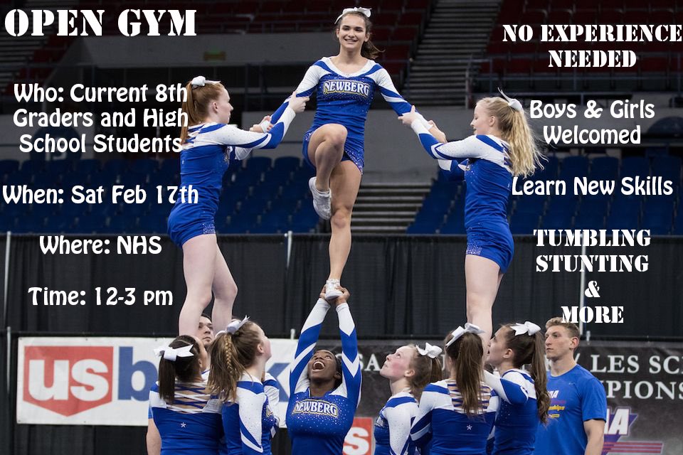 newbergcheer's tweet photo. Interested in Newberg Cheer? Come to our Open Gym this Saturday from 12-3 No experience needed. Learn as you go, we will be having fun working on Tumbling, Stunting Band Dances and more. This is a great way to check it out! Male and Females are welcome and bring your friends 💙 https://t.co/jEcDFL9PCm