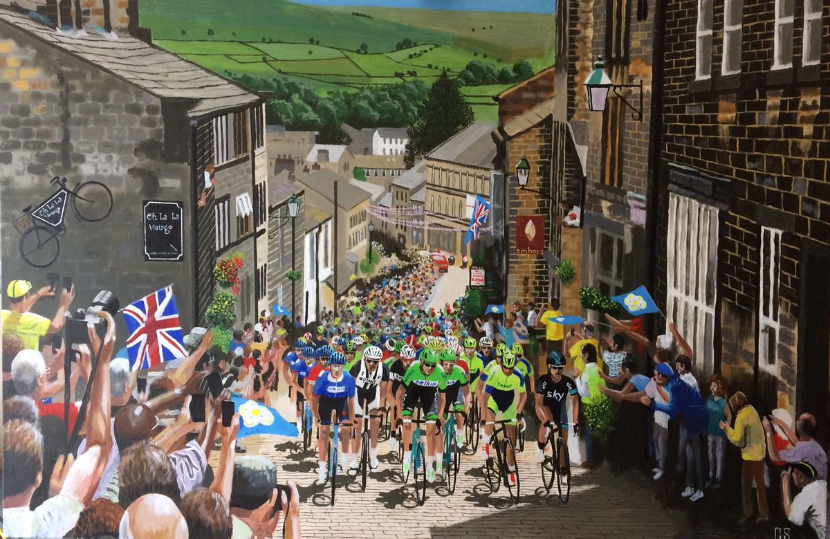 My Dad has painted this picture of the Tour de France coming through Haworth (size 1.18m x 0.78m)

He’s wanting to sell it to raise money for his charity pot as he is doing Ride London 100 for the Alzheimer’s Society.

If you’re interested drop me a message &amp; name your price ☺️