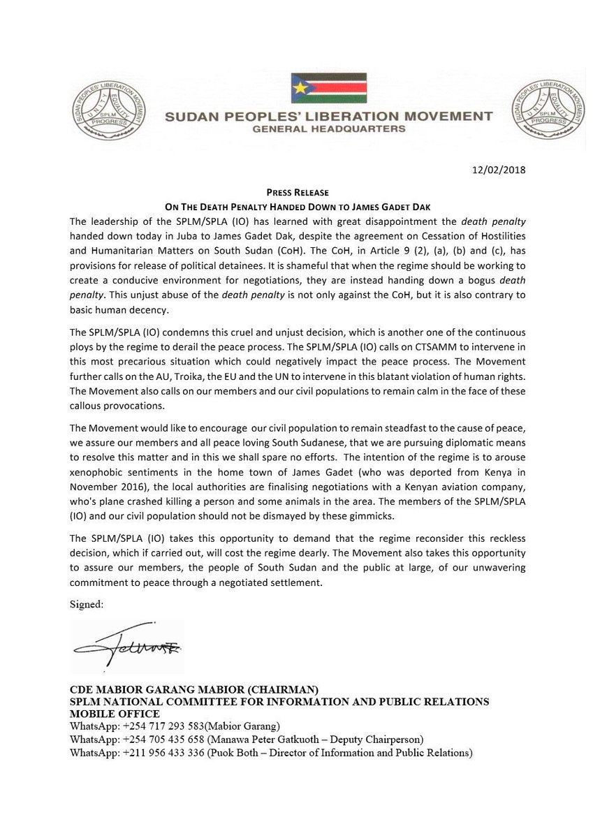 Press Release: James Gadet #DeathPenalty <a href="/alanboswell/">Alan Boswell</a> <a href="/reussae/">Anna Reuß</a> @IhureNamugongo <a href="/PNantulya/">Paul Nantulya 保罗/ ポール</a> <a href="/SPLM_iO/">SPLM/A-in-Oppostion</a> <a href="/SPLM_IO_Rep_USA/">SPLM/A - IO Rep-USA</a> <a href="/SouthSudanPatri/">South Sudan Analyst</a> <a href="/RadioMiraya/">Radio Miraya</a> <a href="/RadioTamazuj/">Radio Tamazuj</a> <a href="/EyeRadioJuba/">Eye Radio</a> <a href="/radiobakhita/">Radio Bakhita, Juba</a> <a href="/DailyMonitor/">Daily Monitor</a> @dailynation <a href="/The_EastAfrican/">The EastAfrican</a> <a href="/RedPepperUG/">Red Pepper Uganda</a> <a href="/SudanTribune_EN/">Sudan Tribune</a> <a href="/Nyamilee/">Nyamilepedia</a>