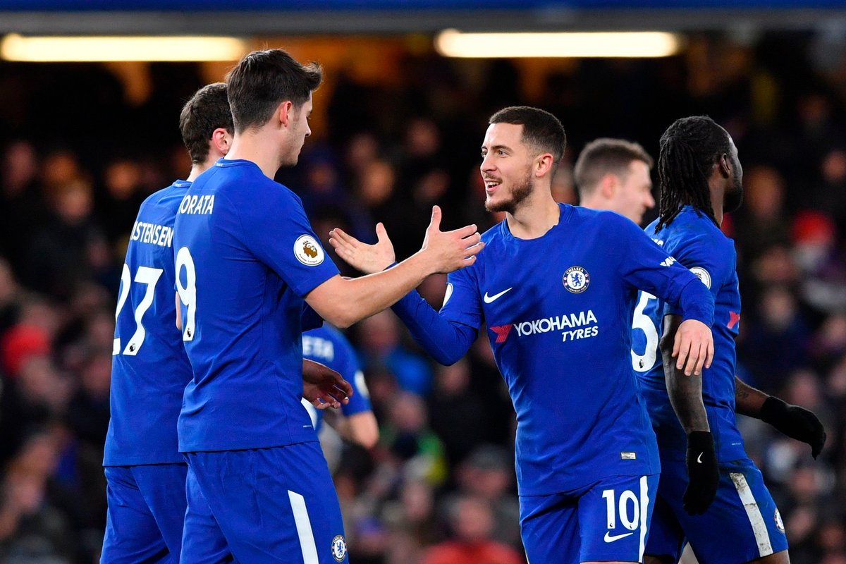 ChelseaFC's tweet photo. Full-time: Chelsea 3-0 West Brom! 

Three points secured at the Bridge with goals from @hazardeden10 (2) and @VictorMoses! #CHEWBA https://t.co/aFruAFmBka