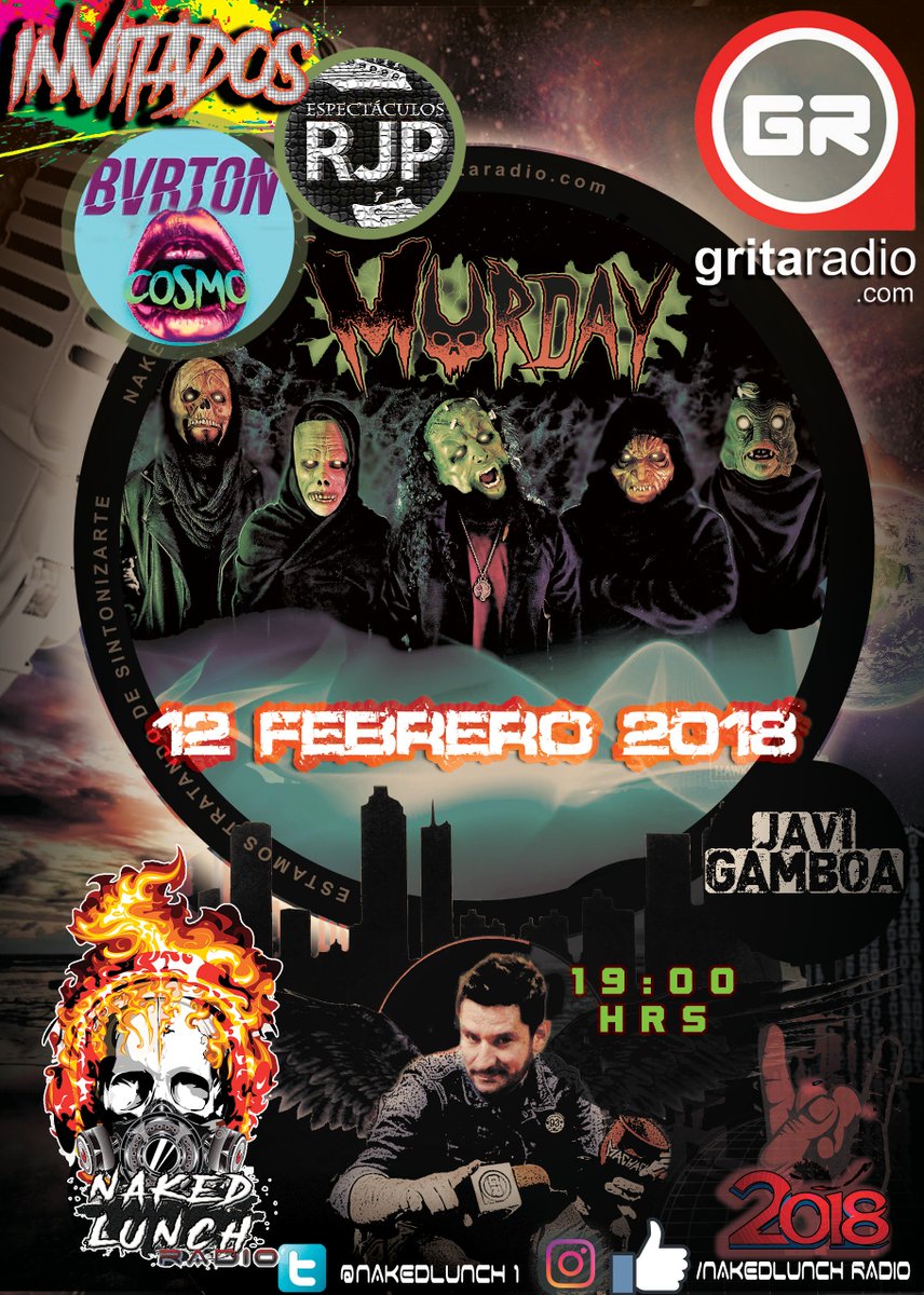 nakedlunchgr's tweet photo. HOY!Lunes 12 Feb #programa60 @Rosideral #AdiosAlUniverso (7a710pm), #HugoLoyo (710a730pm) @EspectaculosRJP #masterclasss @OfficialYJM, @BVRTONMX (730a8pm) #Cosmo presentación @elimperialclub y @MurdayOfficial (8a9pm) #SUPPRESSIONNIGHT a través D @Gritaradiomx #StaRock #JaviGamboa https://t.co/JbwHkoM0hU