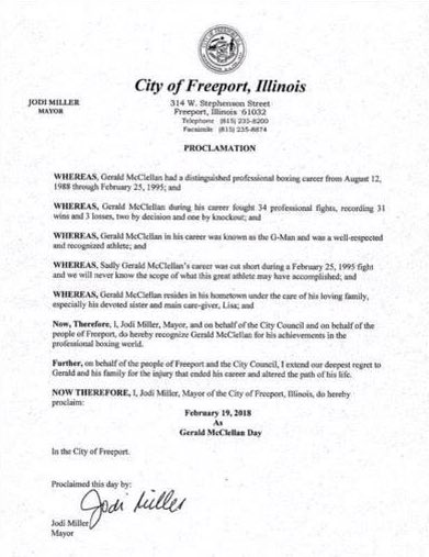 GeraldGManBoxer's tweet photo. Proclamation from the mayor of the city of Freeport Jodi Miller proclaiming February 19, 2018 Gerald McClellan day!💚🙏🏽 https://t.co/gq0gr0RoC9
