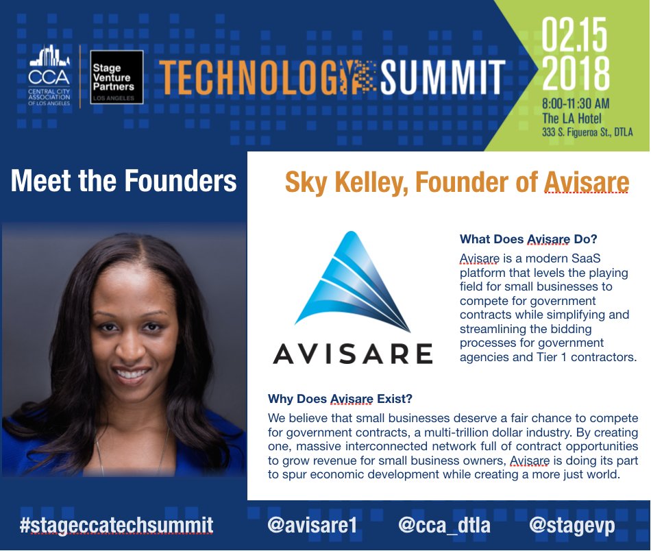 avisare1's tweet photo. Join us on Feb 15 at @LAHotelDowntown as Avisare Founder, Sky Kelley, will be showcased at the inaugural @stagevp &amp; @CCA_DTLA Tech Summit.
Register here: https://t.co/dzRdhX4Tdg

#stageccatechsummit #stagevp #losangelestech #ccala #government #procurement #levelingtheplayingfield https://t.co/iQxuSjl9D8