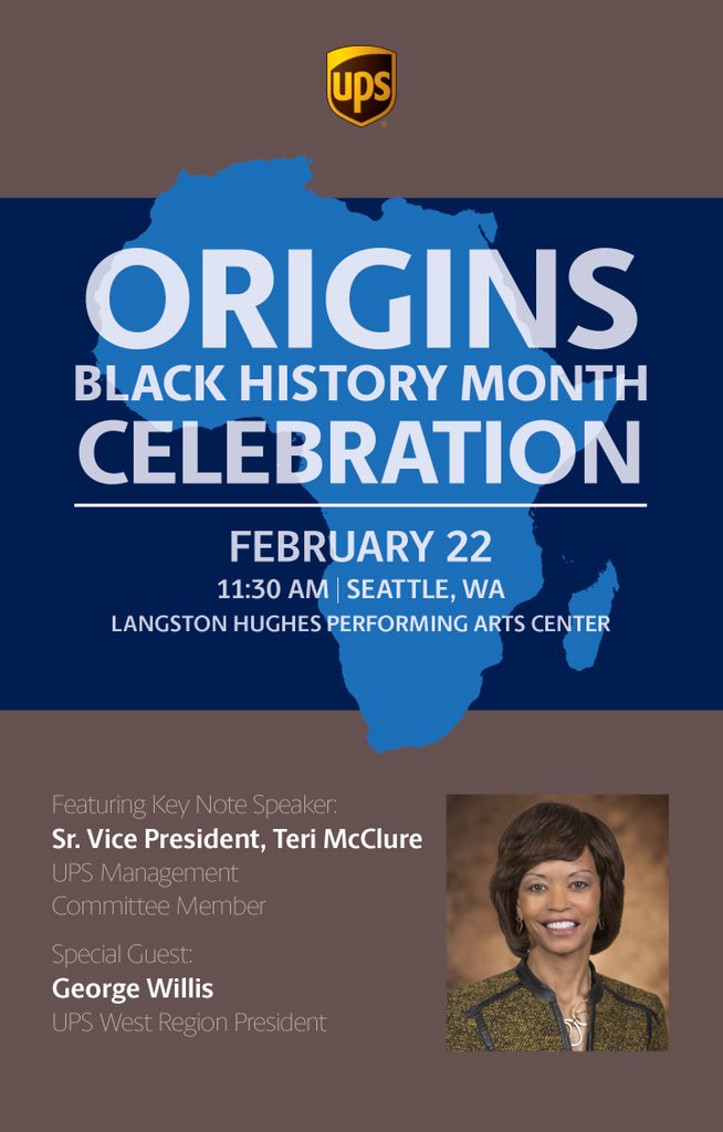 Please join us Thursday, February 22, 2018 UPS <a href="/nwaa_brg/">NWAA BRG</a> for a #BlackHistoryMonth celebration. Listen to distinguished guest speakers VP &amp; Management Committee Member, Teri McClure &amp; West Region President, George Willis, #TogetherWeAreUPS <a href="/Joseph_Braham/">Joe Braham</a>