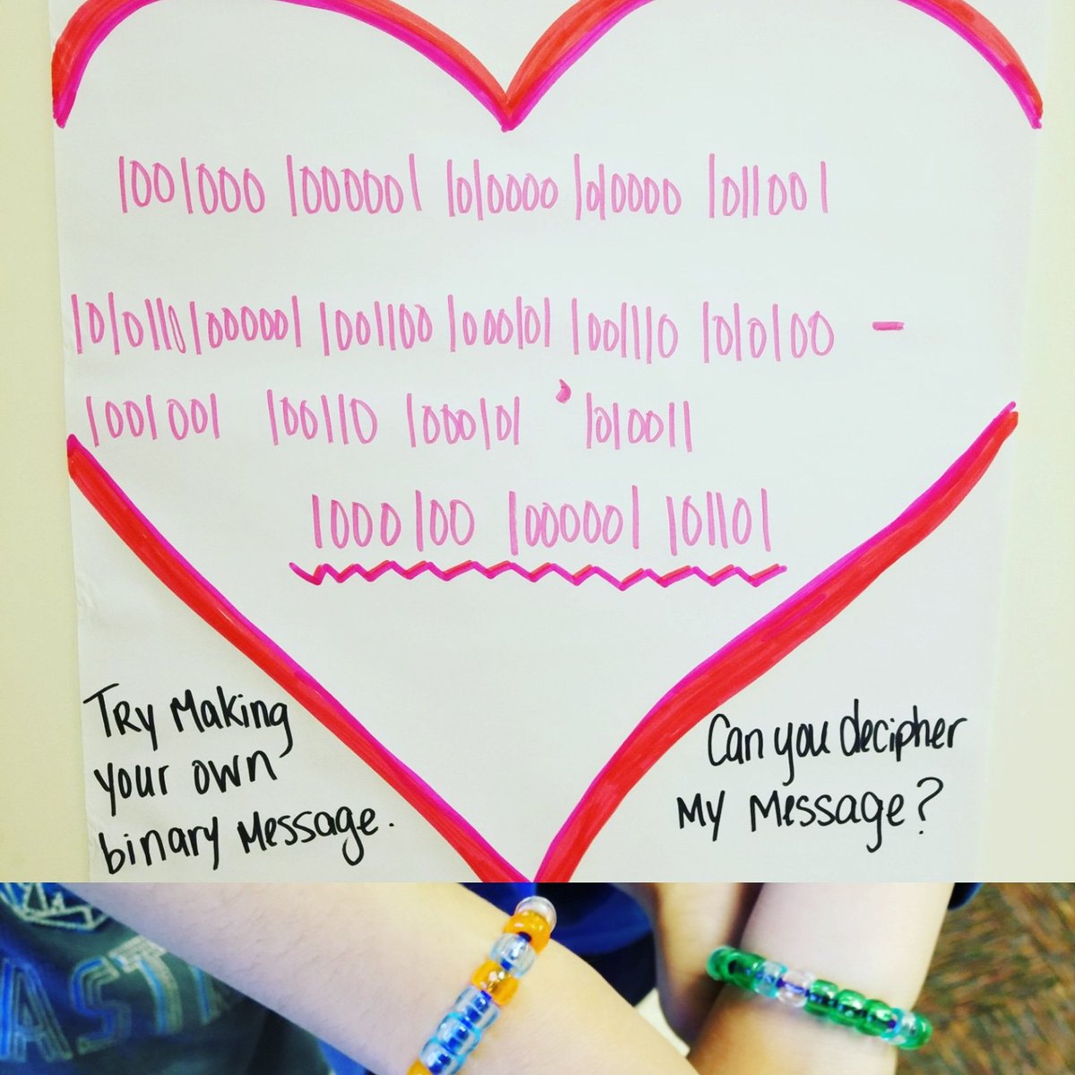 mslflores1's tweet photo. Excuse my hyphen and apostophe.
#HappyValentinesDay #binary #coding #binarybracelets #adayinthelife https://t.co/3nPcctaNuB