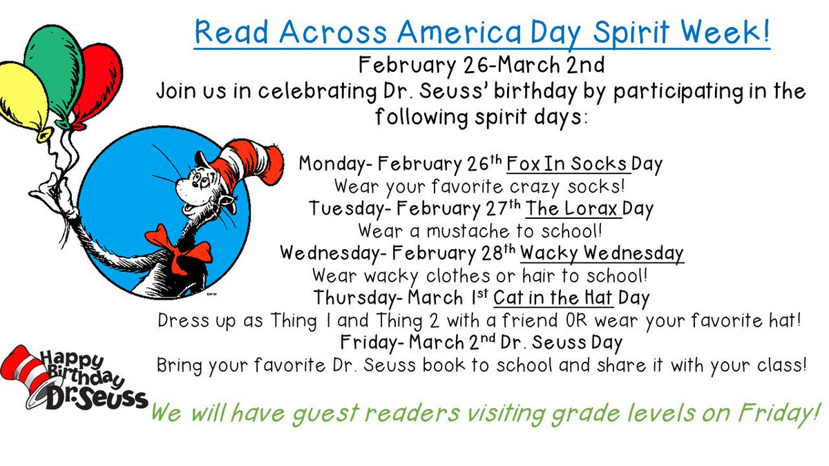 SalemElementary's tweet photo. Get excited about Read Across America Spirit Week! February 26-March 2 https://t.co/2MLGqfxcC3