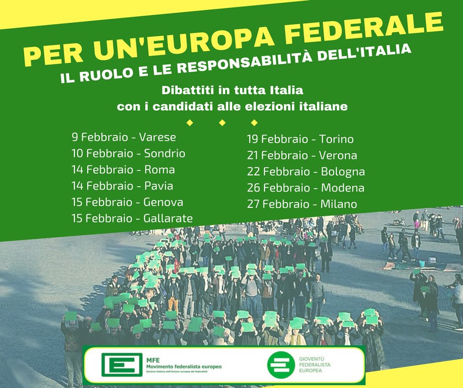 "PER UN'EUROPA FEDERALE Il ruolo e le responsabilità dell'Italia" Dibattiti in tutta Italia con i candidati alle #ElezioniPolitiche2018 #elezioni2018 #elezioni organizzati dal MFE e dalla <a href="/GFE_JefItaly/">GFE Jef Italy</a> #togetherEu #toFedEu #statiunitideuropa Altre città si aggiungeranno a breve!