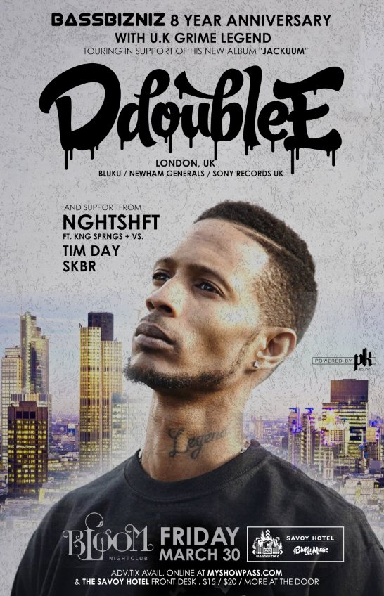 <a href="/DDoubleE7/">D Double E</a> live in <a href="/NelsonBC/">Nelson, BC, Canada</a> <a href="/BloomNightclub/">Bloom Nightclub</a> w/ #NGHTSHFT 30/03/18