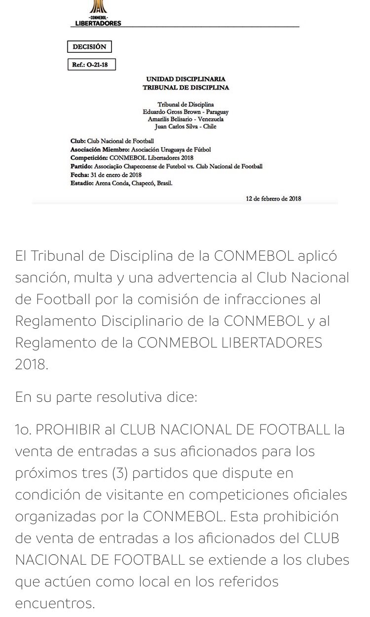 Multa e advertência ao Club Nacional de Football - CONMEBOL