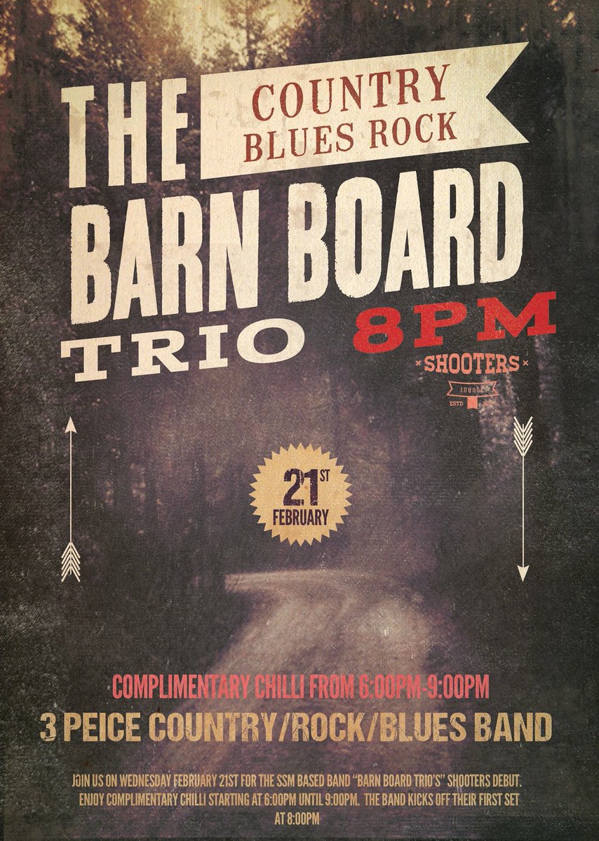 ShootersSSM's tweet photo. We're changing up the entertainment vibe on the 21st with the SSM 3 Piece Band The Barn Board Trio and we're thrilled to hear some Country/Blues/Rock songs for the night. Join us for complimentary chilli starting at 6:00pm and ending at 9:00pm. The boys will start the flow at 8. https://t.co/9Q0qL1Ky5u