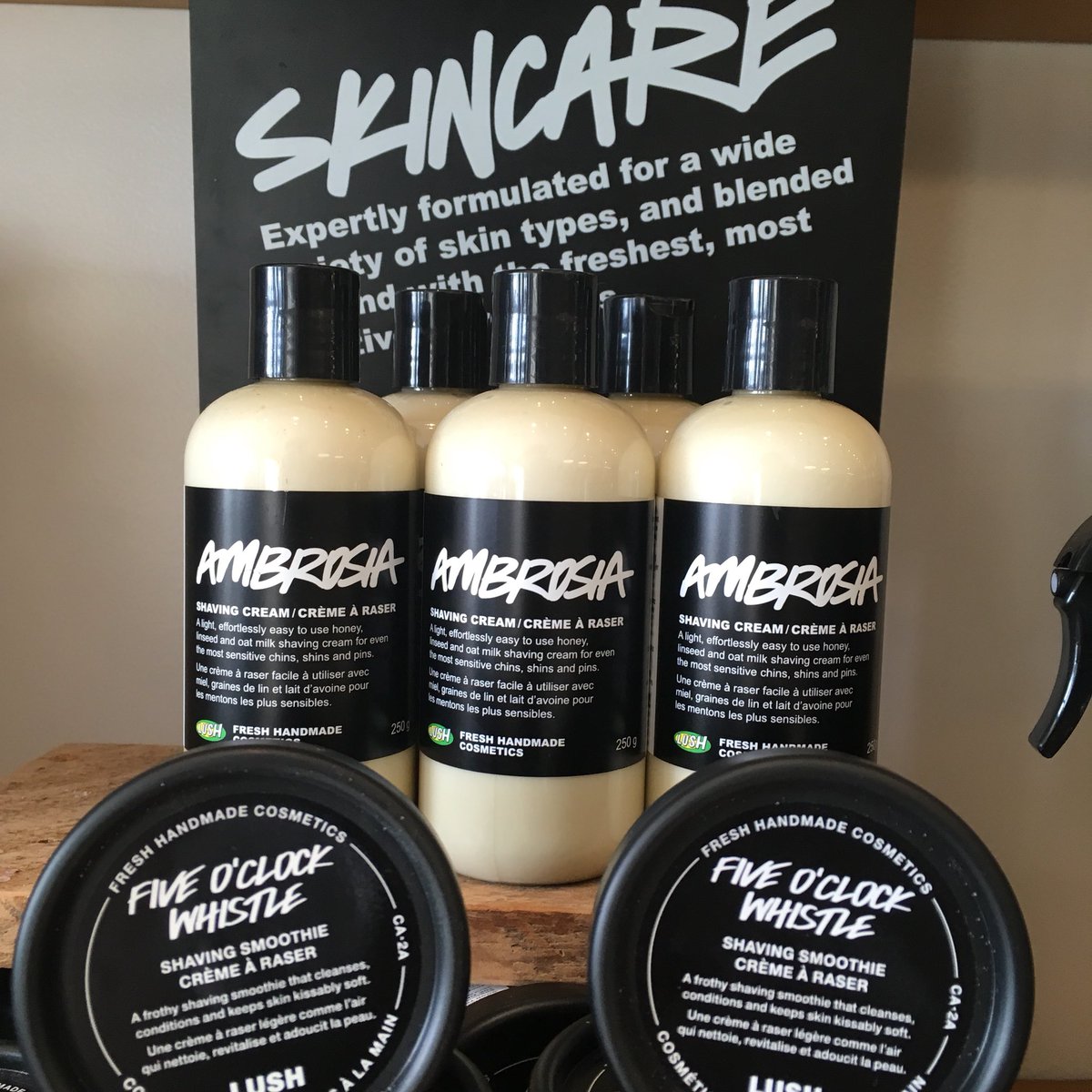 Some of our shaving creams are leaving us soon!! Ambrosia is perfect for dry, sensitive skin that needs lots of love when it needs shaving, and Five O’ Clock Whistle is more on the stimulating side to keep the face soft and glowing (and it smells like cherry cola!) #lushdisco