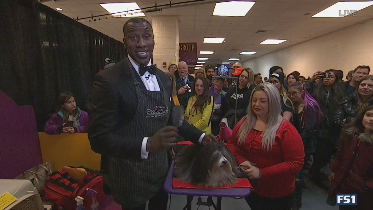SHANNON SHARPE IS BRUSHING A DOG