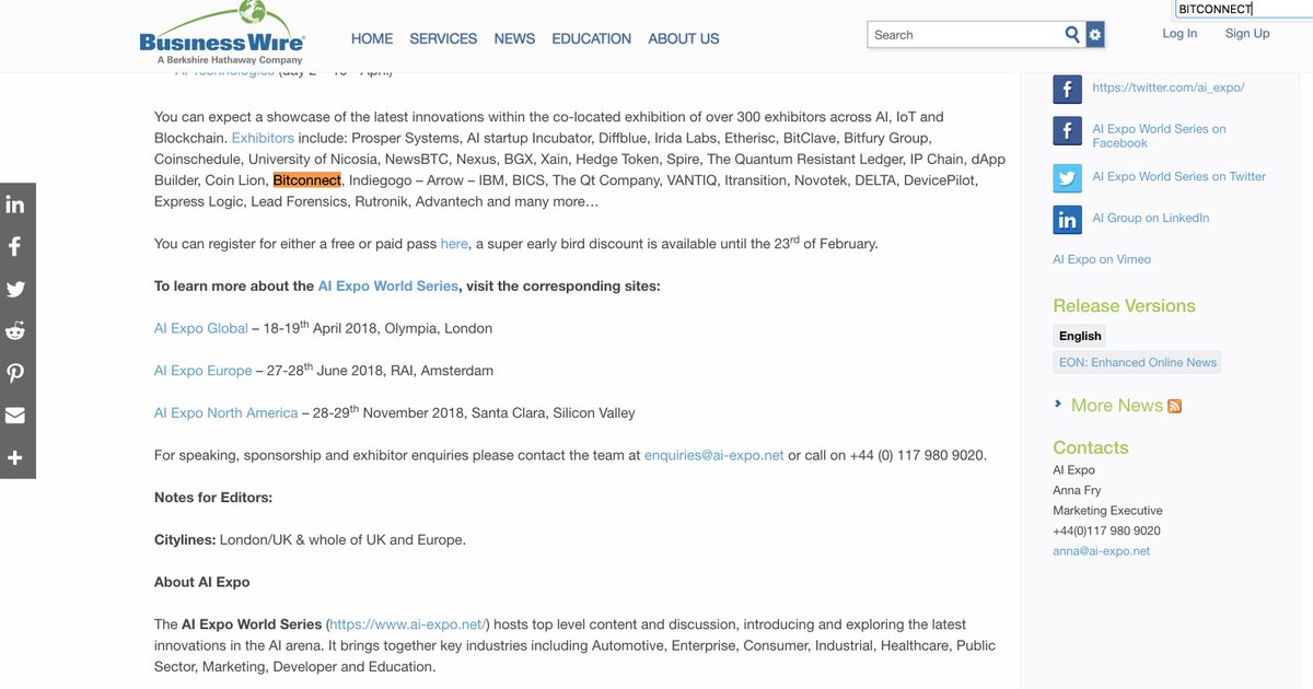 TrVon's tweet photo. Bitconnect will be at the Global AI Expo in London. Interesting.... https://t.co/W3v06LzOnh https://t.co/y7mJKYCS6E
