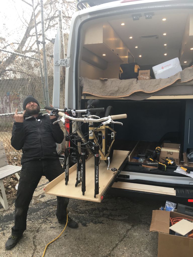 SNToolLibrary's tweet photo. This guy! @johnkoshea80 is STOKED about the sliding mountain bike tray in he and @piedlife 's #vanbuild - made entirely at SNTL!!! #MemberMadeMonday https://t.co/d63B5Eqq0a