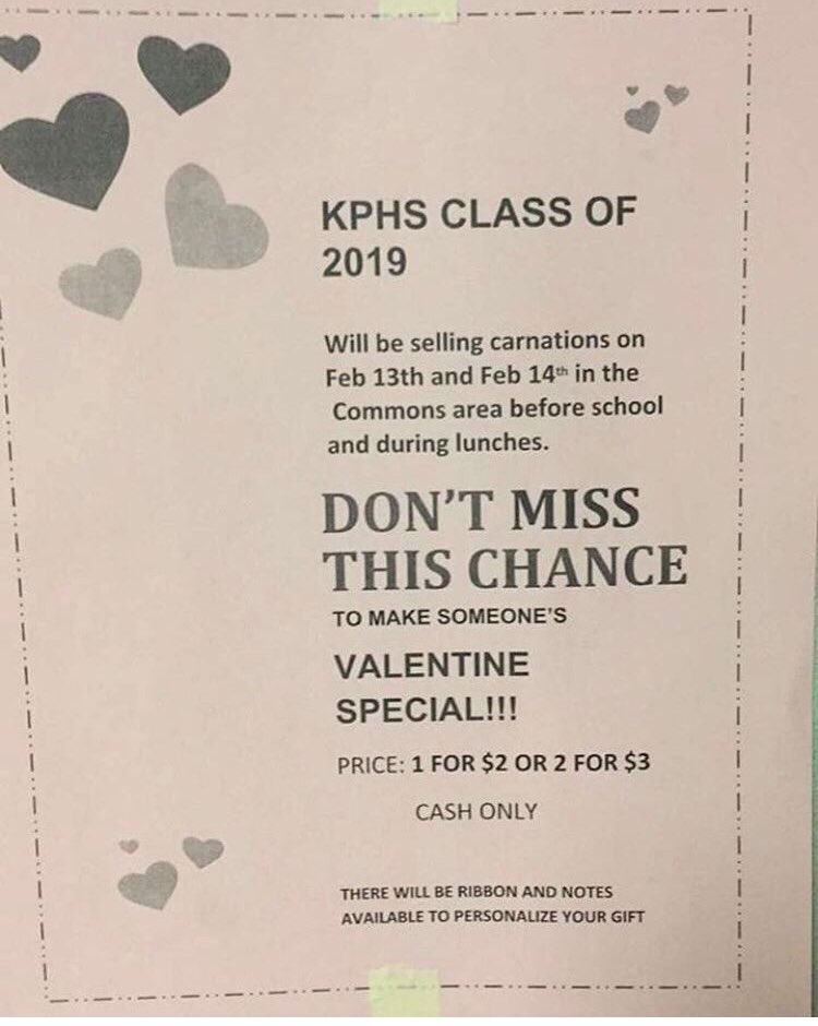 kphs2019's tweet photo. Support the class of 2019! Buy your carnations tomorrow and Wednesday before school and during lunches! 1 for $2 or 2 for $3 💐🌹🌺 https://t.co/ULjradSeUx