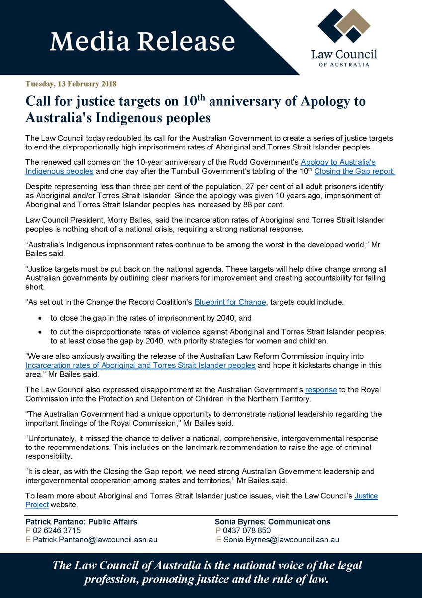 Call for justice targets on 10th anniversary of Apology to Australia's Indigenous peoples: lawcouncil.asn.au/media/media-re… #auslaw #auspol #StolenGenerations #Apology10 #closethegap #closingthegap