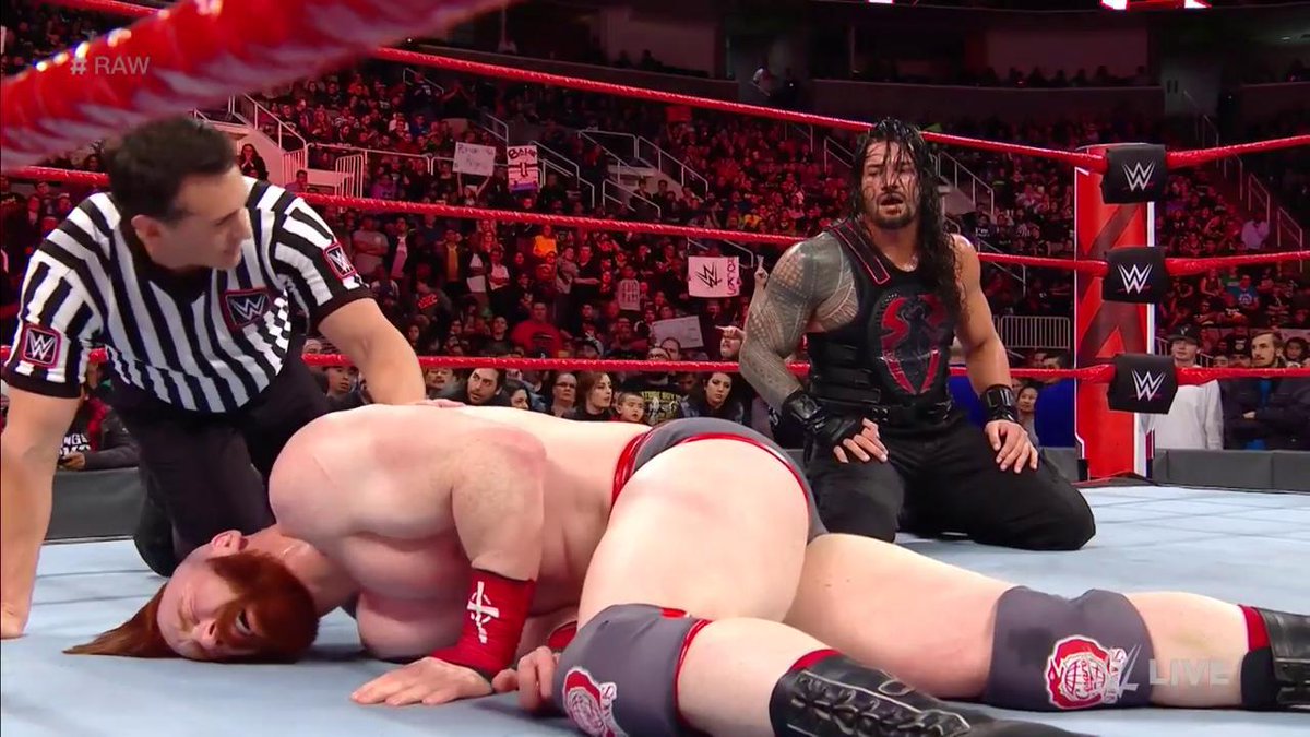 WWE's tweet image. Another #RAW, another successful protection of his YARD, as @WWERomanReigns Spears his way to victory over @WWESheamus!