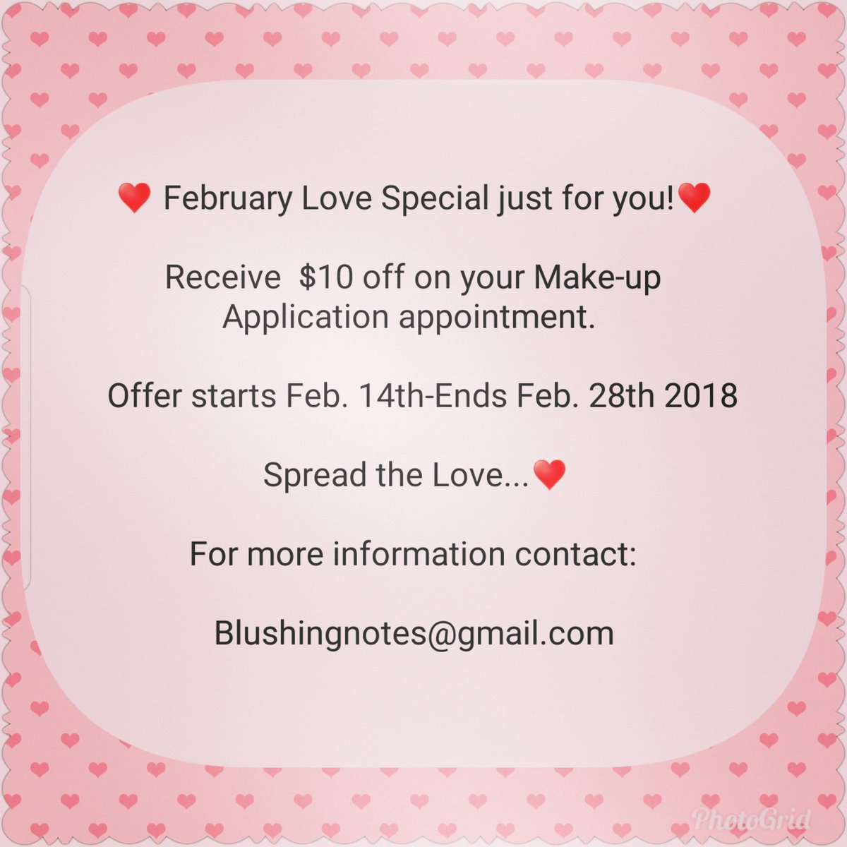 BlushingNotes's tweet image. Happy February!♥
We are offering $10 off your Make-up application appointment from February 14th 2018 - February 28th 2018.
Show yourself some Love...♥
Email:  blushingnotes@gmail.com for inquiries.