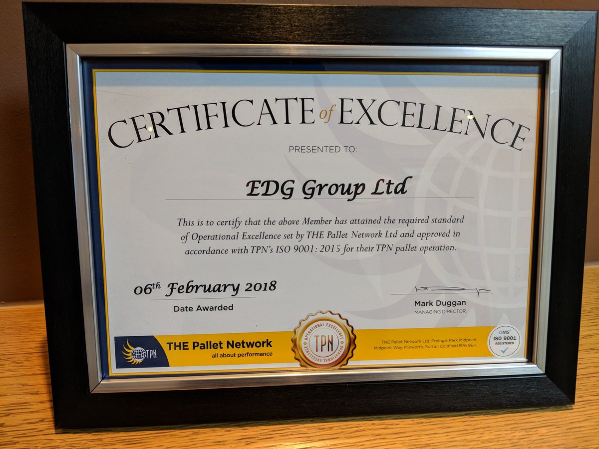 edggroupltd's tweet photo. We are pleased to have received our Certificate of Excellence from @OurTPN following our first ever audit where we scored 98.79%. Credit to our team running the operation! #Harlow #CMpostcode #RMpostcode #Transport #Excellence #iso9001 #Logistics https://t.co/VdxgZMzOBu