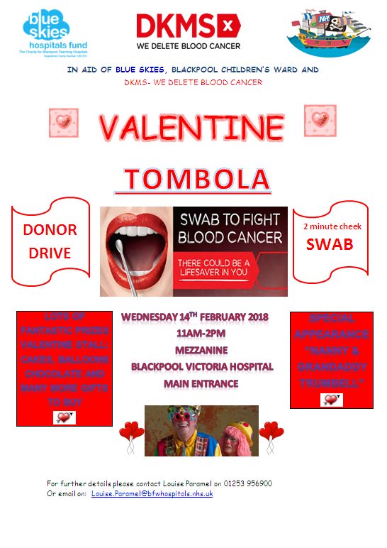 BlueSkiesFund's tweet photo. Don't forget, tomorrow there is a Valentine's Day tombola at @BlackpoolHosp in aid of the Children's Ward and @DKMS_uk. Come on down for cakes, balloons, chocolate and more, including a special appearance from Nanny and Granddad Trumbell! We'll see you there from 11am until 2pm! https://t.co/WmtDnVOZOs
