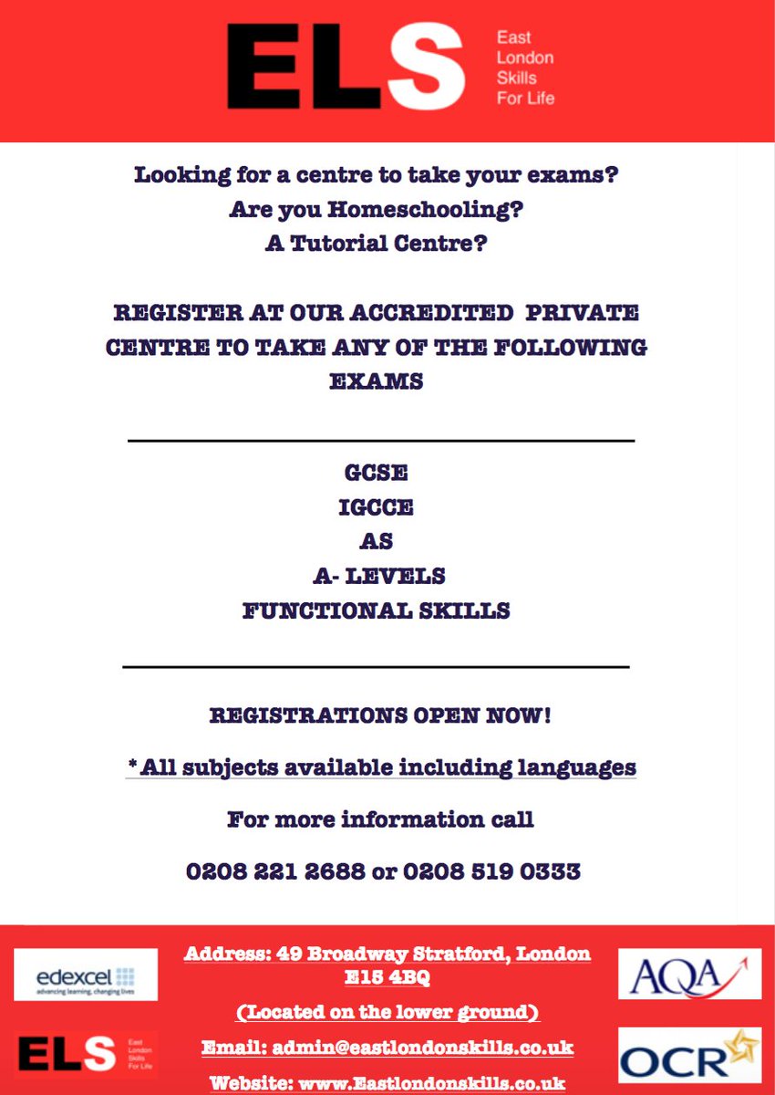 EastSkills's tweet photo. Looking for a centre to take you exams?
Are you @HOMESCHOOLING or a @TUTORIAL CENTRE?
Contact ELS asap 02082212688/02085190333 https://t.co/CwePRi6Jw6