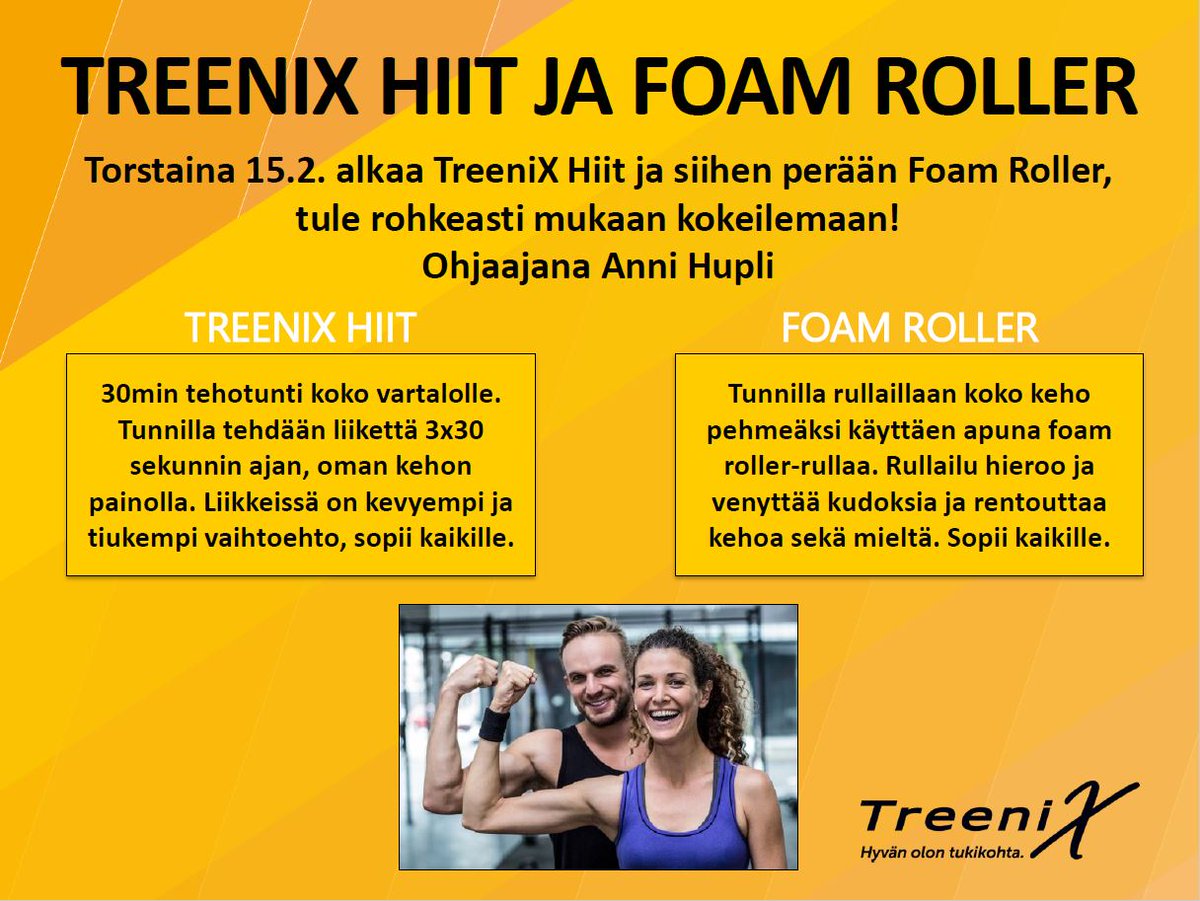 treenixlpr's tweet photo. 15.2. alkaen Anni pitää torstaisin TreeniX Hiit ja Foam Roller tunteja, tulehan rohkeasti mukaan kokeilemaan! 💪😊
#HIIT #kehonhuolto #ryhmäliikunta https://t.co/ZNQBTomleu