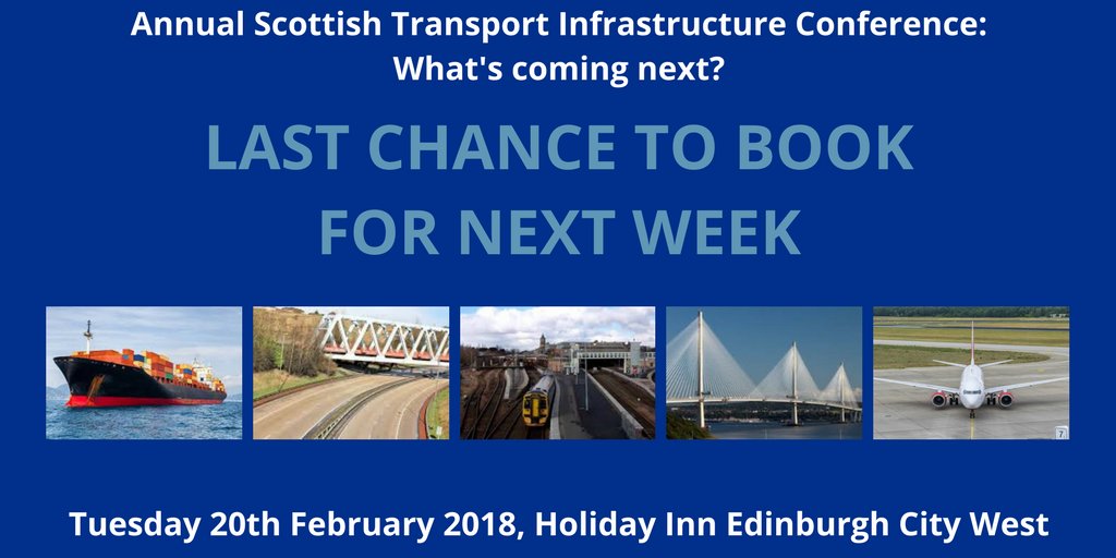 Only a week to go until the Annual Scottish #TransportInfrastructure conference with <a href="/HumzaYousaf/">Humza Yousaf</a> <a href="/scotgov/">Scottish Government</a> in Edinburgh. Many thanks to our sponsors - <a href="/EDI_Airport/">Edinburgh Airport</a>, @MacArthurGreen and <a href="/BrodiesLLP/">Brodies LLP</a>. For more info and to book you place: goo.gl/2P8hun.