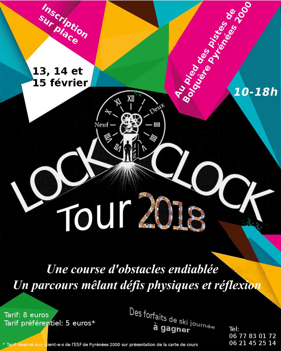 🔊Planning des Animations:
➡️Lock Clock: 13, 14 et 15 Février 10h à 18h Course d'obstacles
➡️Atelier Maquillage et Masque: 14h à 18h Gratuit à la salle de l'Office de Tourisme
➡️Descente aux flambeaux 19h30 au pied des pistes de Pyrénées 2000
<a href="/Pyrenees2000/">Pyrénées 2000</a> <a href="/FontRomeuP2000/">FontRomeuPyr2000</a>