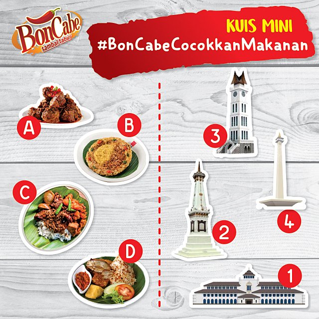 BonCabe's tweet photo. KUIS MINI #BonCabeCocokkanMakanan

Tulis jawabanmu di kolom komentar dengan tag 3 orang teman kamu dan sertakan hashtag kuis mini ini.

3 orang pemenang beruntung berhak mendapatkan Goodie Bag istimewa dari BonCabe! https://t.co/Zoik6oqT2q