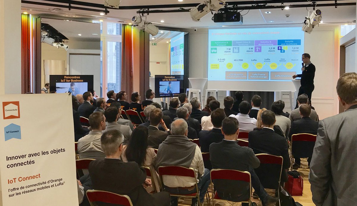 OrangeDev's tweet image. #IoTforBusiness - @OndetOlivier on stage, detailing the unmatched variety of #IoT objects, types of connectivity and platforms that @Orange partners can benefit from - incl. LoRa’s national coverage in France