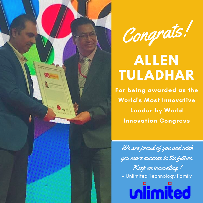 UnlimitTechno's tweet photo. Congrats! @allentuladhar , Country Director of @MICNepal for being awarded Most Innovative Leader by World Innovation Congress. MIC family is proud of you. This is a pat on our back for our efforts to empower the youth trough innovation and technology. Small Act Big Impact ! https://t.co/NMbm267pEb
