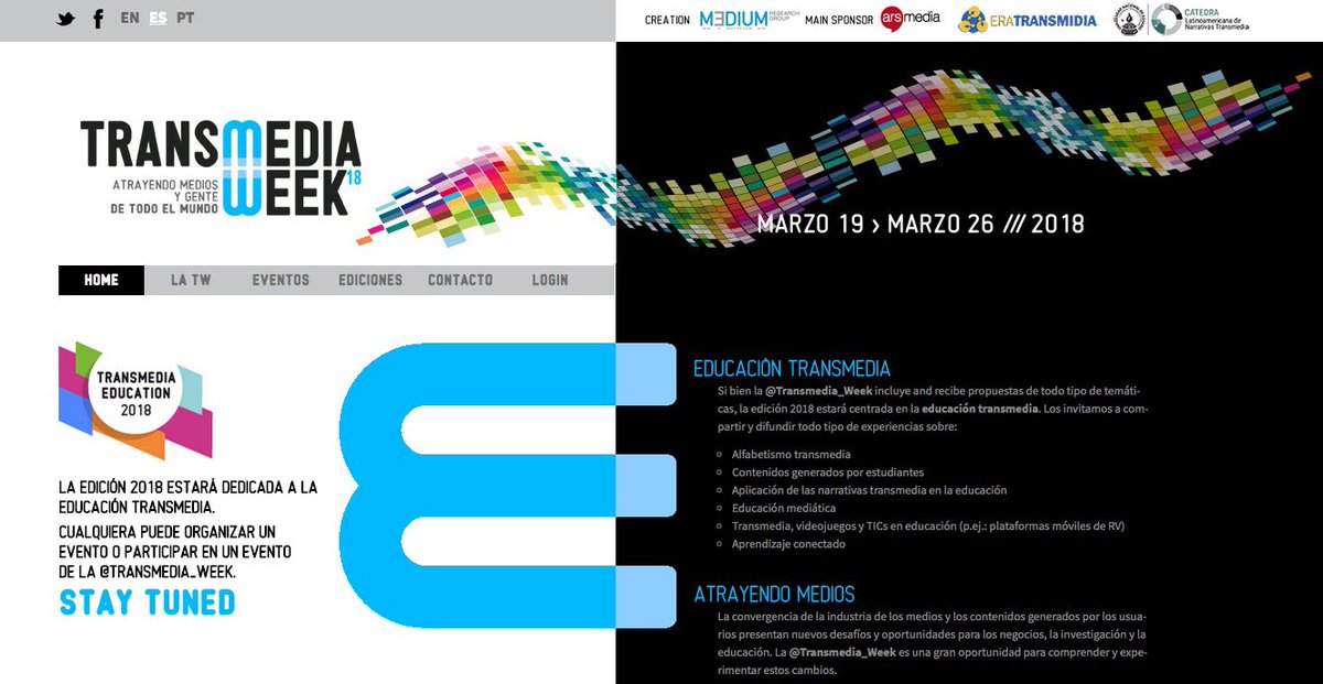 TRANSMEDIA EDUCATION is the main subject of the Transmedia Week 2018. However, any event around transmedia narratives and cultures may be organized! Just register and upload your event! transmediaweek.org