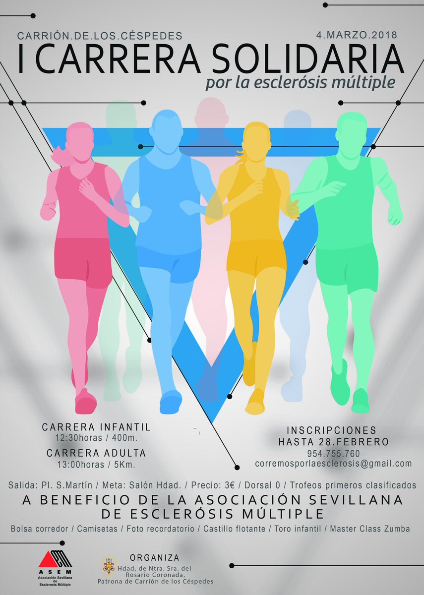 I CARRERA SOLIDARIA POR LA ESCLEROSIS MÚLTIPLE en #CarrióndelosCéspedes

📆 Domingo 4 de marzo
⏰12.30h➡ Carrera Infantil (400m)
     13h➡ Carrera adulta (5000m)

 #corremosporlaesclerosis 

¡Colabora!