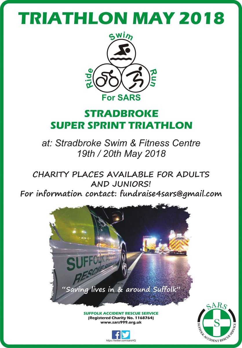 it's not too late to sign up for a <a href="/sarsHQ/">SARS - Suffolk’s Emergency Medical Charity</a> charity place (junior or adult) at the #stradbroke #triathlon <a href="/Active_outdoor/">Active Outdoor Sport</a> <a href="/eaStradbroke/">Stradbroke S&F Centre</a> no minimum fundraising targets, just raise as much as you can. We rely on voluntary donations to support our work #charitytuesday