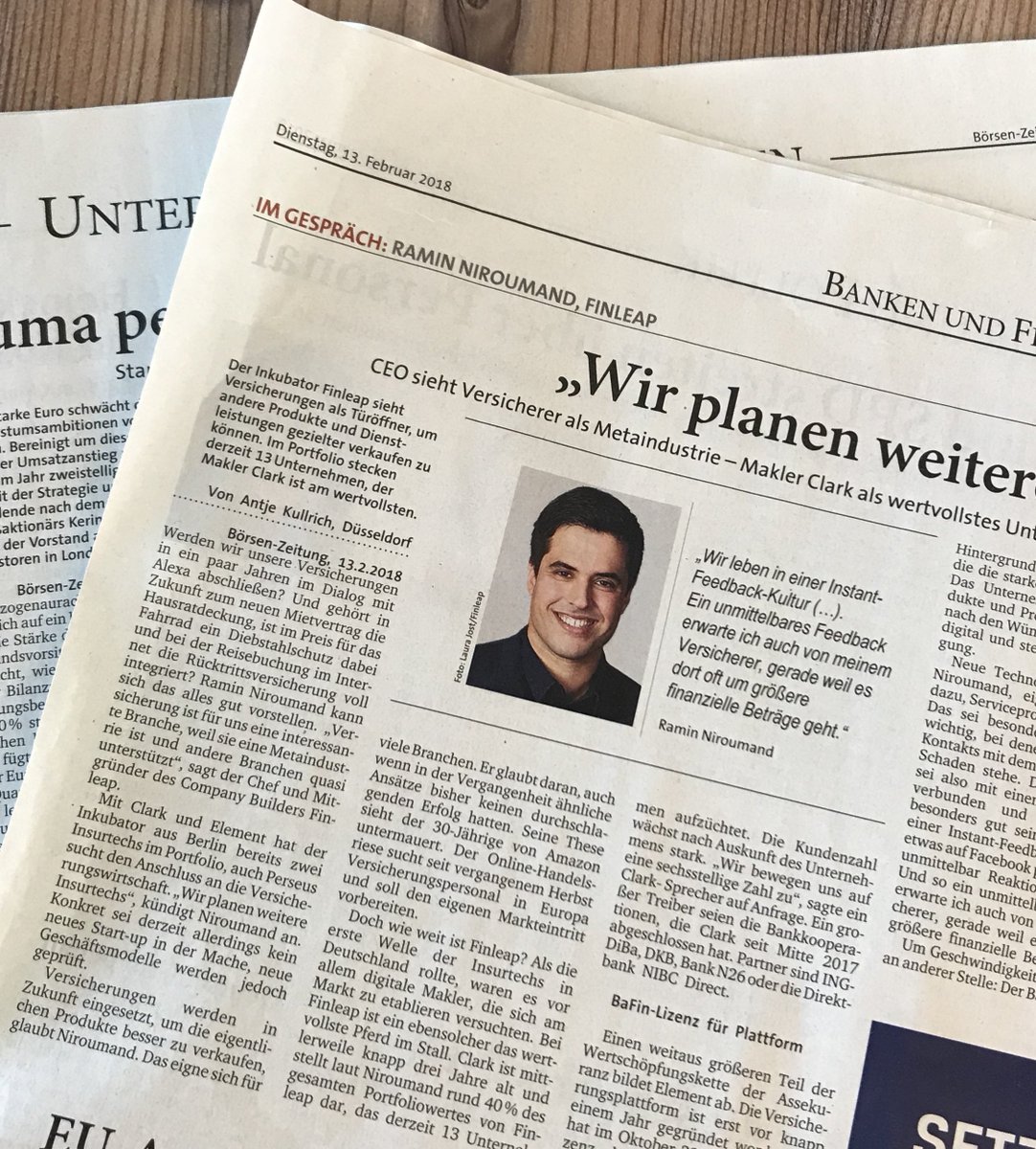 .<a href="/boersenzeitung/">Börsen-Zeitung</a> is writing in this interesting article about successful insurtechs: boersen-zeitung.de/index.php?li=3… *Please note: Clark does not own a 40% stake of the FinLeap portfolio. This 40% is referring to the entire share of insuretechs within the Finleap portfolio.
