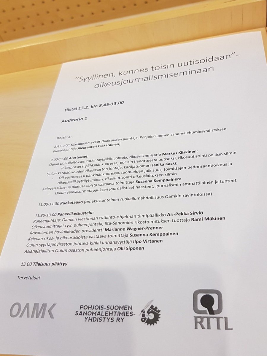 PSSYfin's tweet photo. "Syyllinen, kunnes toisin uutisoidaan" - oikeusjournalismiseminaari käynnissä OAMK:lla! #journalismi https://t.co/XzfDjLk23U
