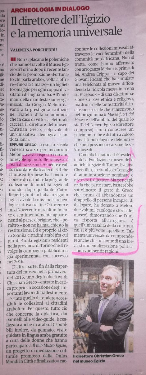 Come #Salvini che voleva revocare la scorta a #Saviano, ma non potrebbe neanche se governasse, stessa cosa vorrebbe fare la #Meloni con #cristiangreco.
A destra l'ignoranza regna sovrana.
#MuseoEgizio 
Oggi su <a href="/ilmanifesto/">il manifesto</a>
