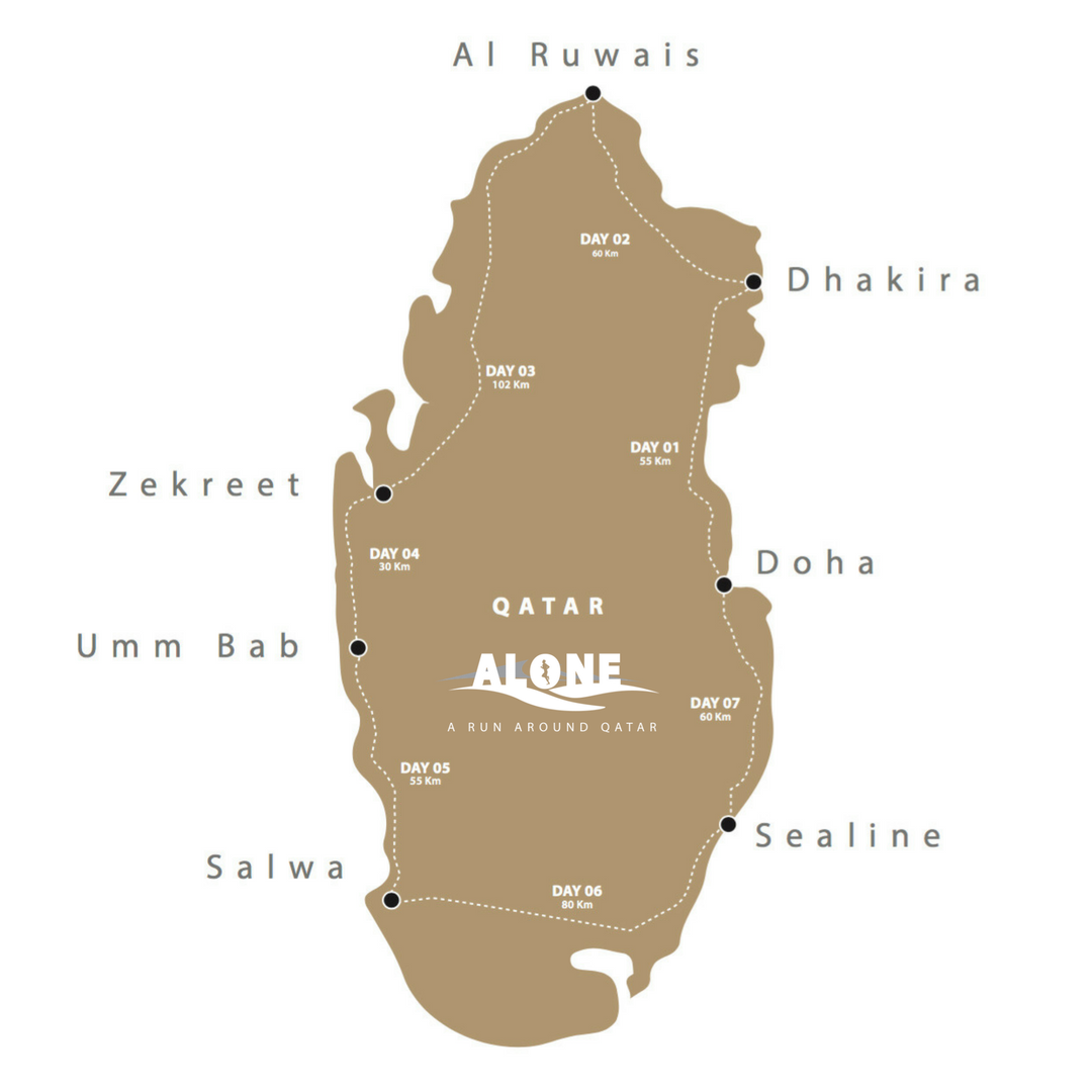 runaroundqatar's tweet photo. Here is a glimpse of the route map that Pierre will be following from 18th Feb to 24th Feb. Would you dare try this? ALONE #RunAroundQatar is a challenge to push oneself to the limits. #Run #Running #EnduranceRunning #PushingtheLimits #Extreme #Qatar https://t.co/AF4LNpEAtw