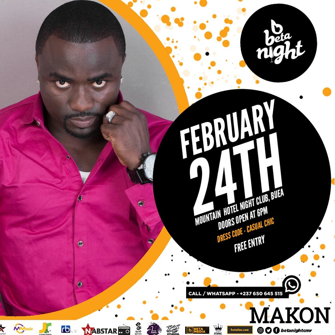 BetaNightCmr's tweet photo. Come and party with @yongmakon @gomezoshiji @skidiboy1 @BeatballerMusic !!

Where?- Mountain Hotel Night Club, Buea

When? - February 24th

At what time?- From 6PM

Attendance?- FREE

It is going to be a #BetaNight for Beta Pipol!!

#BetaNight #Njoka #Event #CameroonEvent https://t.co/RzyFD8SBzd