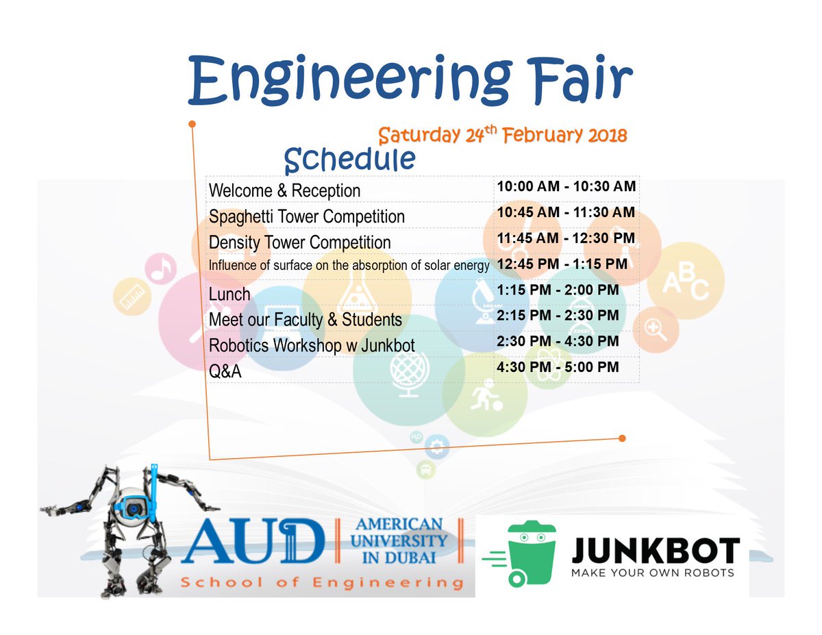 AUDengineering's tweet image. Around the corner @AUDubai #EngineeringFair Open to all Hi-School students. Register online for free paceworkshops.aud.edu/StudentBook.as… @WIEAUD @IEEEaud @AsceAud @wef_aud #STEM