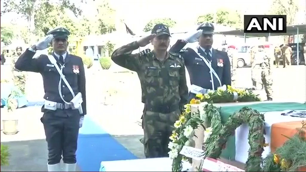 ANI's tweet image. Jammu: Wreath laying ceremony of Havaldar Rakesh Chandra who lost his life in #SunjuwanTerrorAttack  #JammuAndKashmir